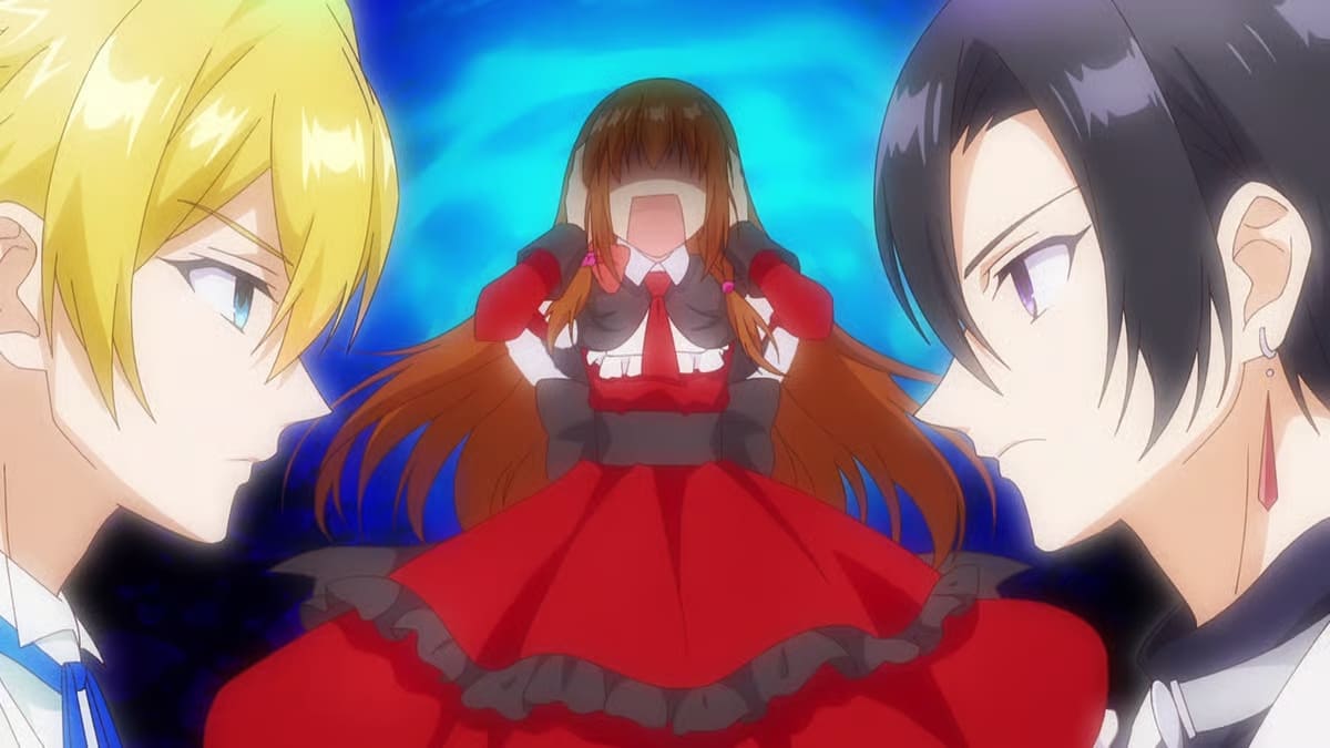 Sol (Shōhei Komatsu) e Yomi (Shun'ichi Toki) se encarando, enquanto Iana (Yoshino Aoyama) fica desesperada em The Dark History of the Reincarnated Villainess