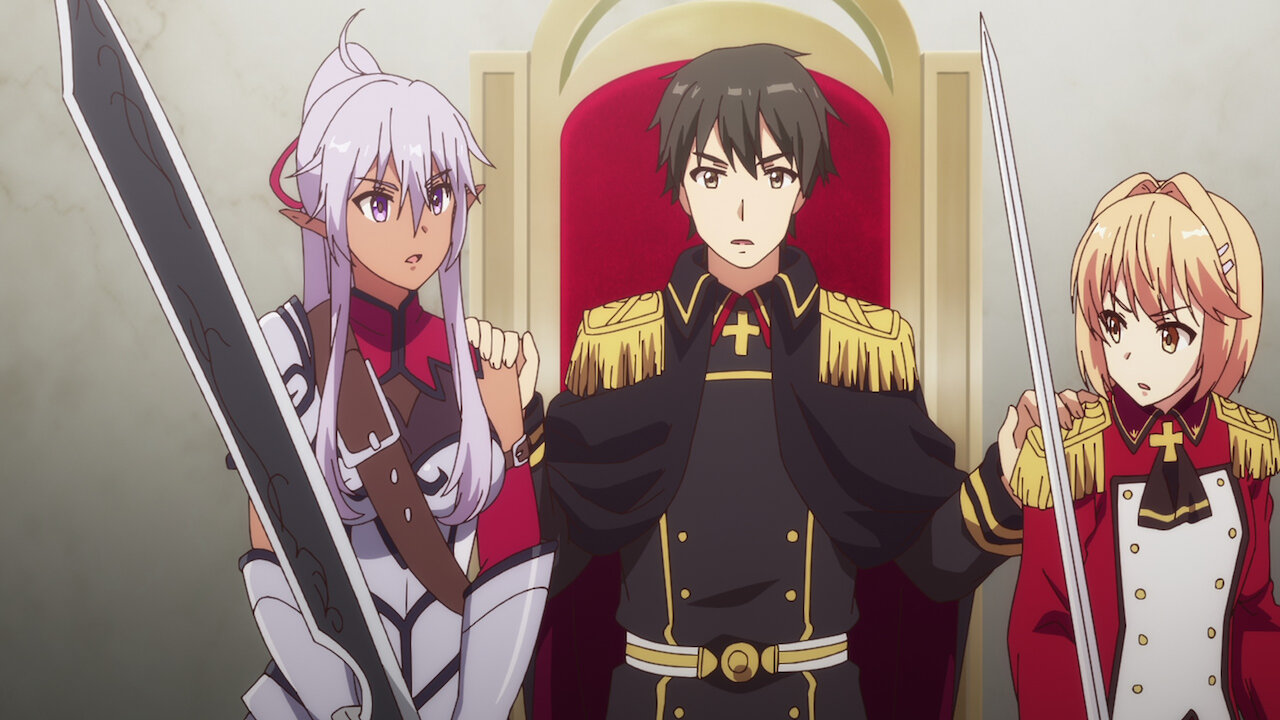 Kazuya Souma (Yūsuke Kobayashi) sentado no trono do reino de Elfrieden, com as guerreiras Liscia (Inori Minase) e Aisha (Ikumi Hasegawa) empunhando espadas ao seu lado