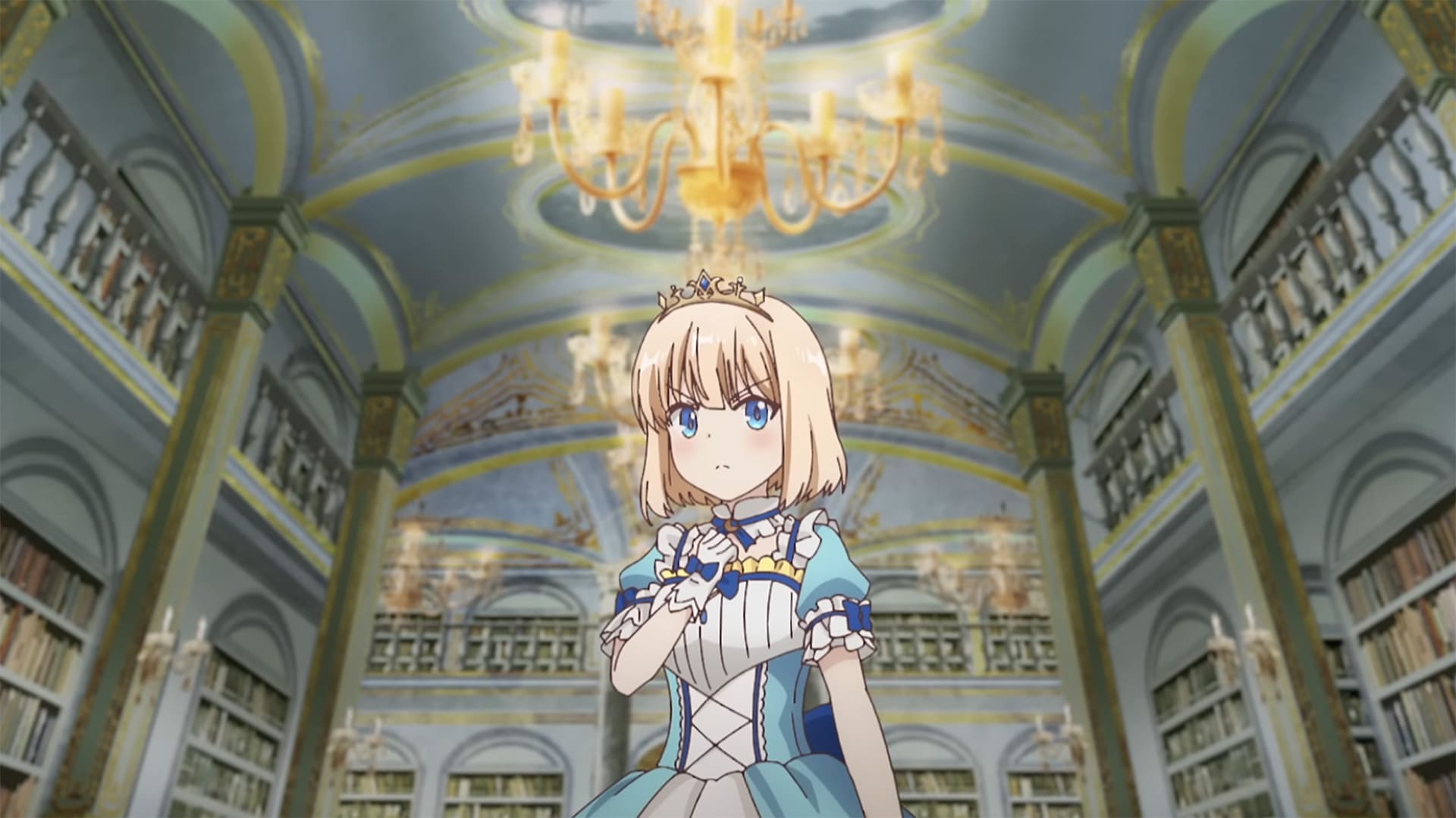 Mia (Sumire Uesaka) usando tiara em uma biblioteca luxuosa, em Tearmoon Empire