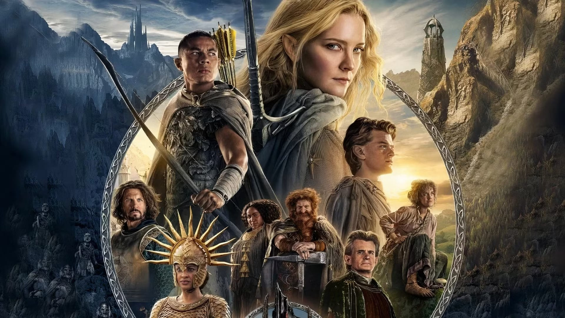 Imagem promocional da 1ª temporada de O Senhor dos Anéis: Os Anéis de Poder com os personagens em trajes medievais dentro de um círculo sobre uma paisagem rural e fantástica ao fundo.