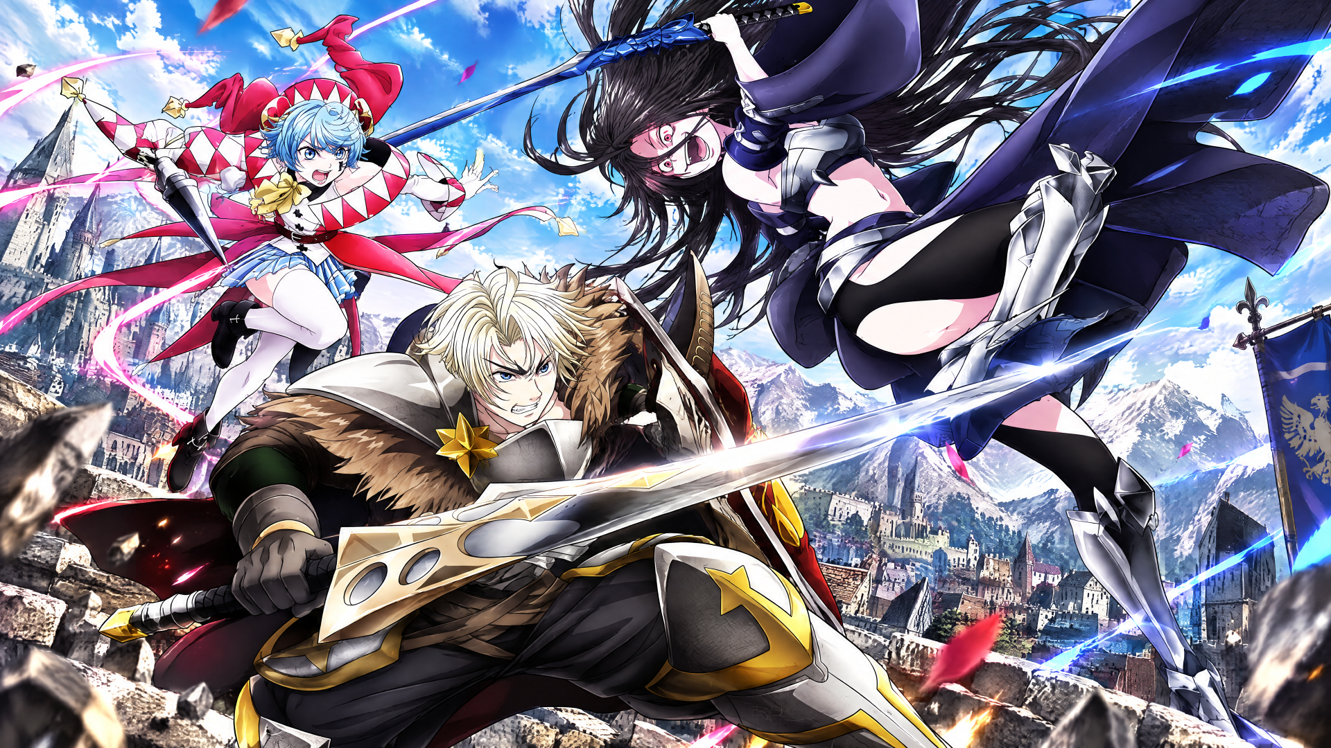 Arte promocional de The Exiled Heavy Knight Knows How to Game the System, com Elymas Edvaughn em primeiro plano empunhando uma espada grande, Ruche Luvis fantasiada de bobo da corte e Malice Edvanghn com espada, em pose de batalha sobre uma paisagem de castelos e montanhas