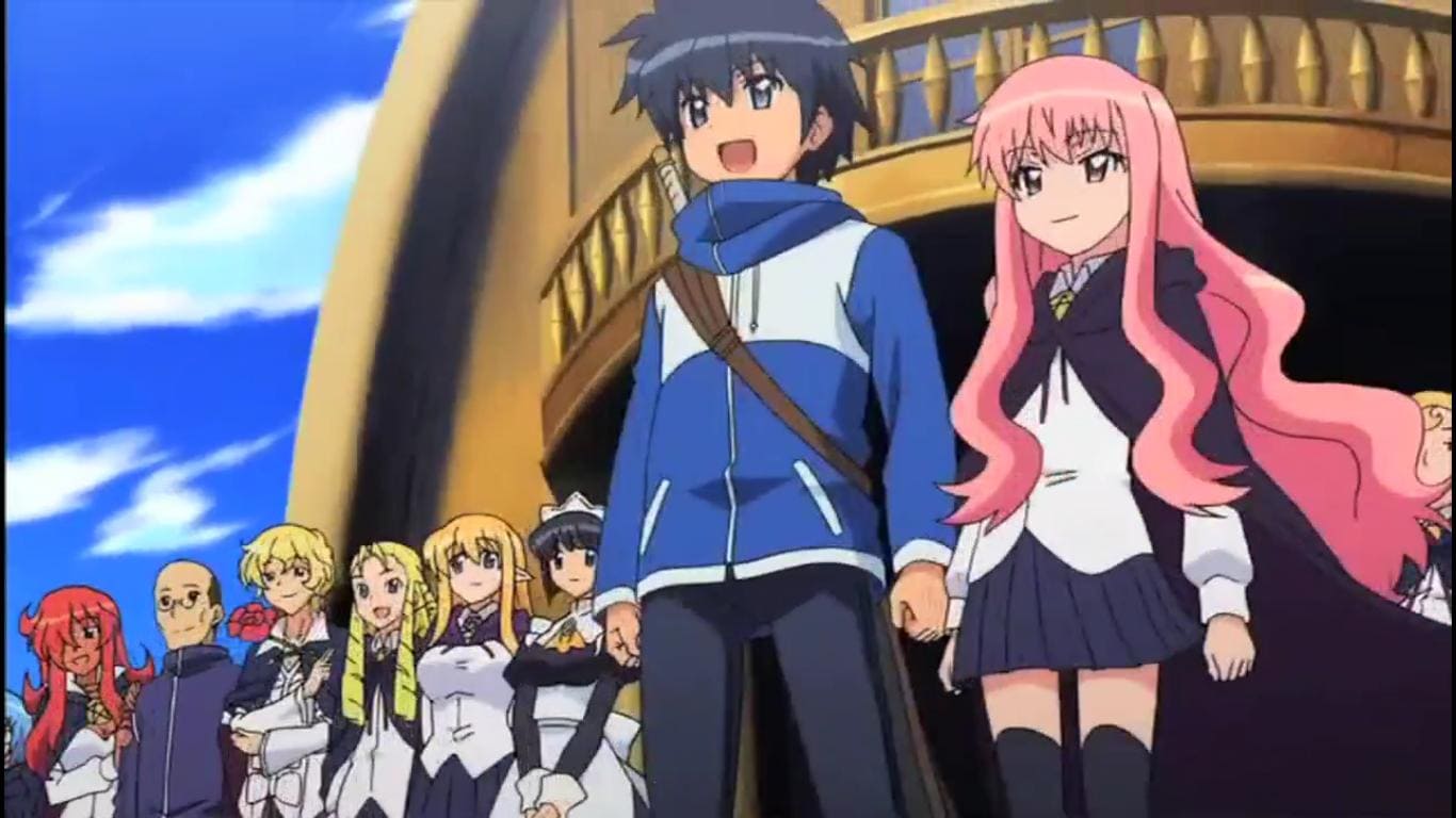 Saito (Satoshi Hino) de mãos dadas com Louise (Rie Kugimiya) no convés de um navio.