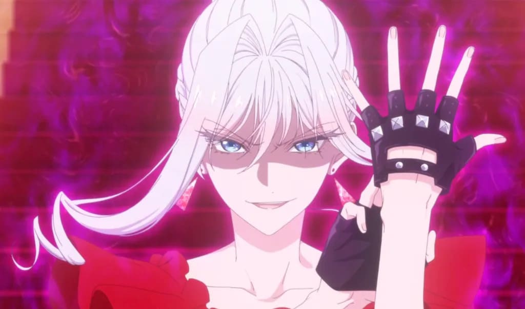 Scarlet (Asami Seto), de May I Ask for One Final Thing, sorri com a mão erguida usando luva preta com rebites.