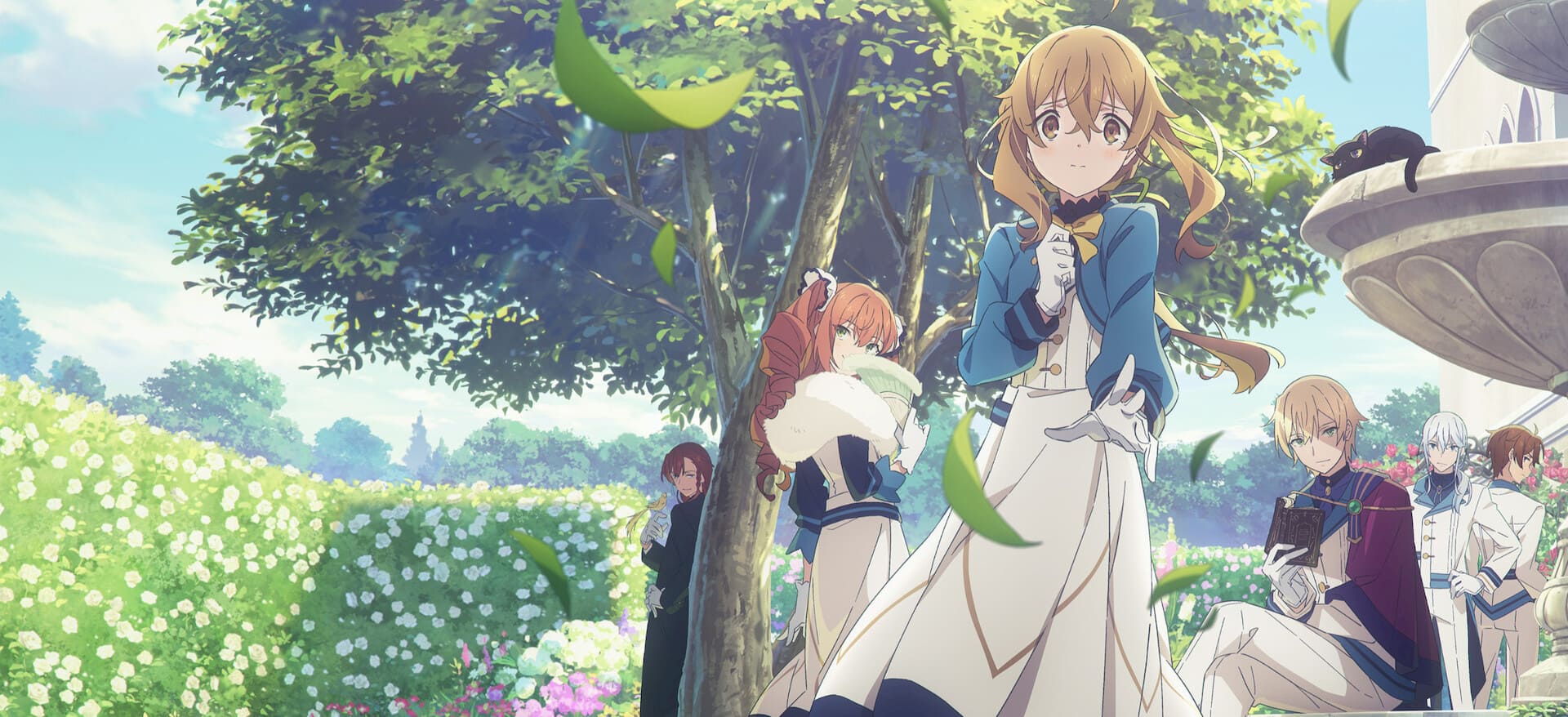 Monica Everett (Saya Aizawa) em um jardim florido, cercada por colegas.