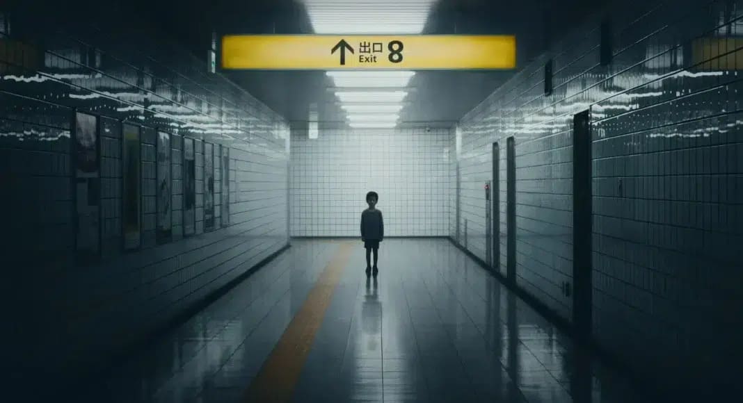 Cena do filme Exit 8, com um corredor vazio de metrô com iluminação fraca e uma placa indicando a saída 8, onde uma criança aparece sozinha ao fundo, criando uma atmosfera sombria e inquietante.