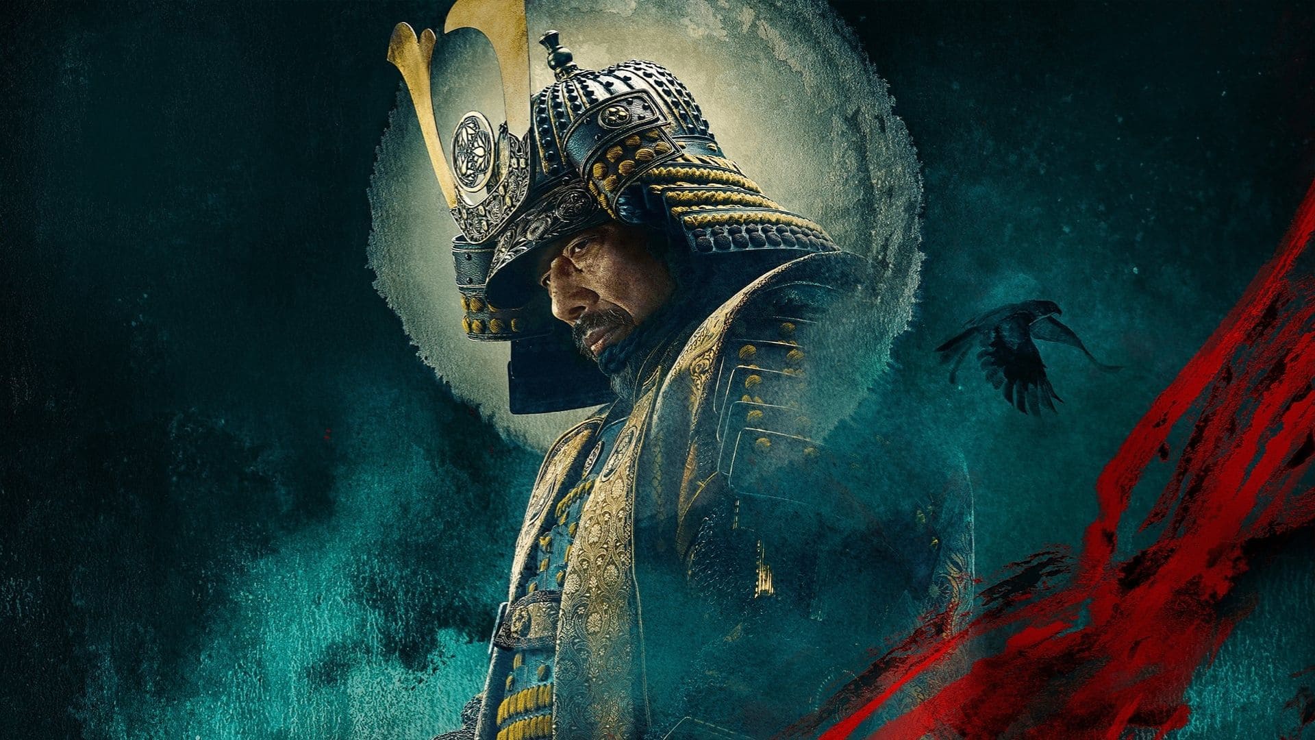 Imagem promocional da série Xógum: A Gloriosa Saga do Japão, com Lorde Yoshii Toranaga (Hiroyuki Sanada) de perfil em armadura samurai tradicional japonesa com detalhes dourados, diante de um fundo escuro com um pássaro preto voando e uma mancha vermelha na lateral direita.