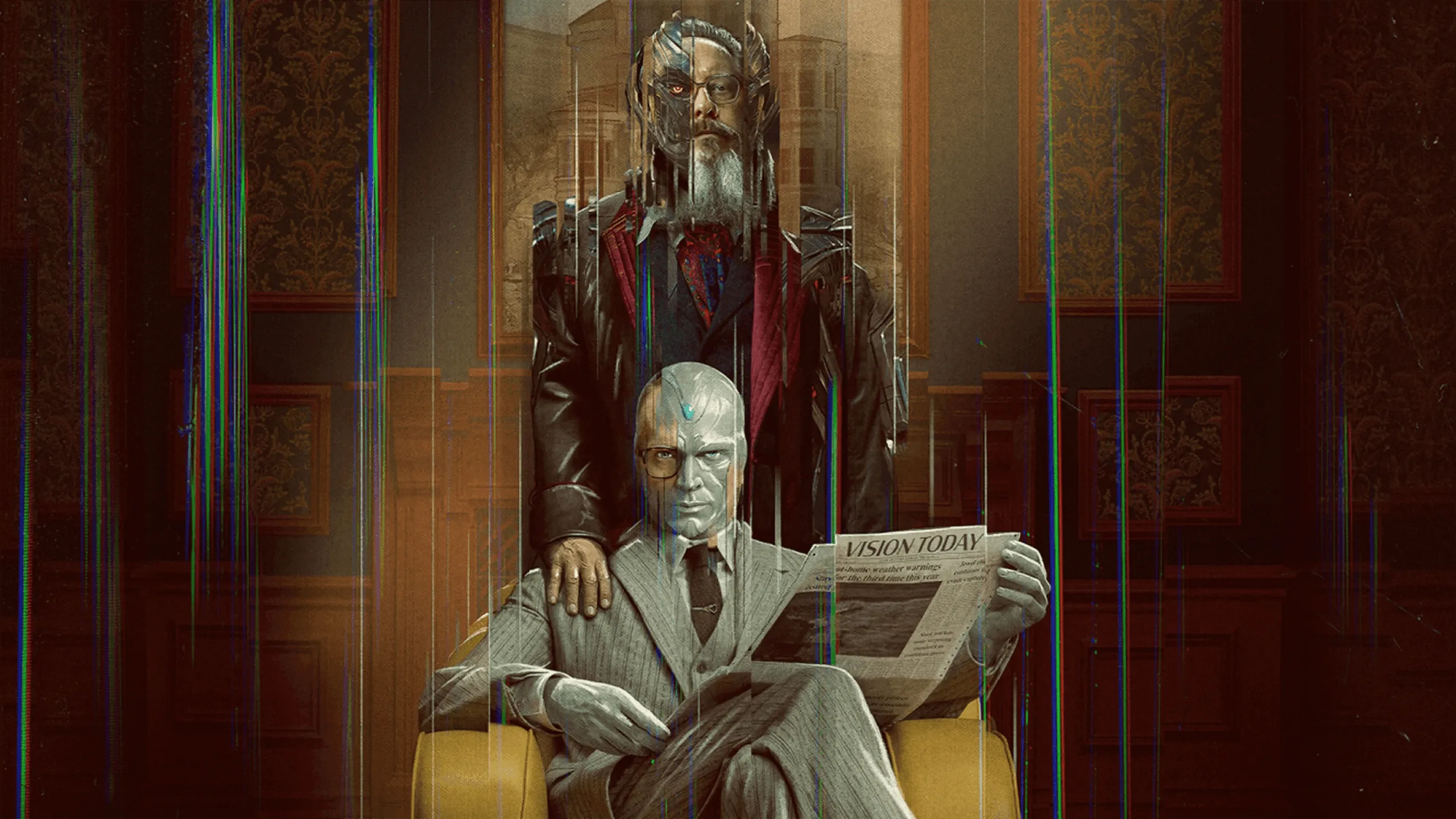 Pôster de VisionQuest com o Visão (Paul Bettany) sentado numa poltrona lendo o jornal “Vision Today”, e atrás dele, em efeito de distorção digital, a versão humana do Ultron (James Spader), com barba e óculos.