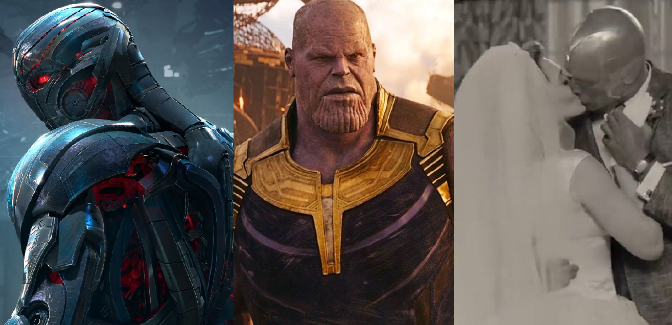 Colagem com Ultron, Thanos (Josh Brolin) e Wanda e Visão (Elizabeth Olsen e Paul Bettany) se beijando no dia do casamento, lado a lado, representando Vingadores: A Era de Ultron, Vingadores: Guerra Infinita e WandaVision.