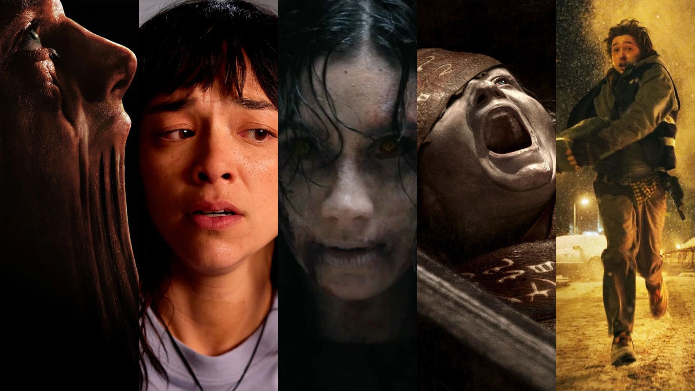Montagem vertical com imagens promocionais dos filmes Cara-de-Barro, Insaciável, A Morte do Demônio: Em Chamas, Maldição da Múmia e Resident Evil (2026).
