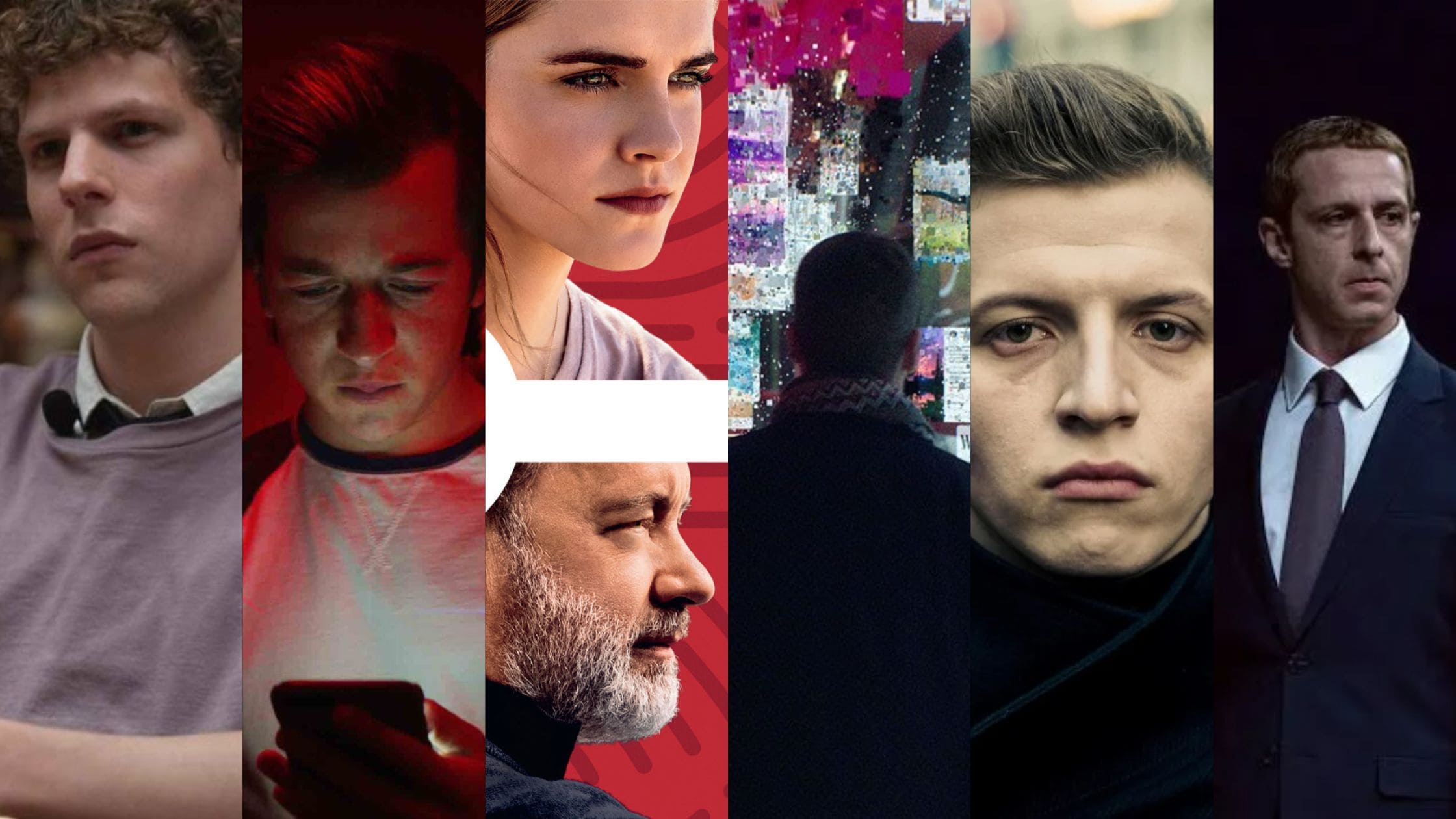 Montagem vertical com imagens dos filmes A Rede Social, O Dilema das Redes, O Círculo, Privacidade Hackeada, Rede de Ódio e O Outro Lado das Redes.
