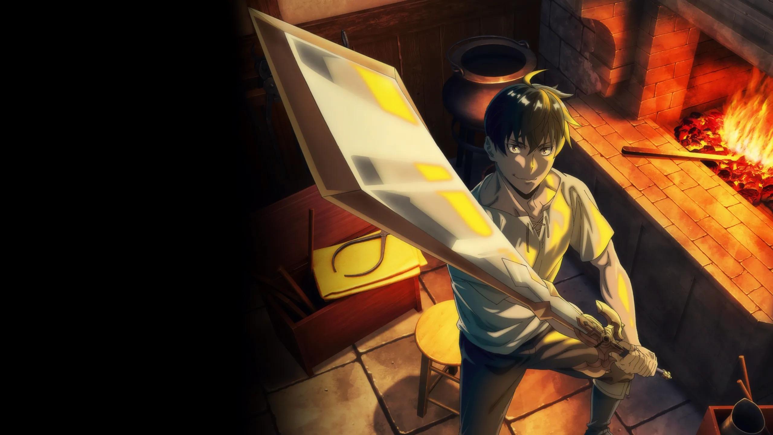 Grid (Tatsumaru Tachibana) examinando uma espada recém-forjada numa ferraria, com o fogo da fornalha ao fundo, em cena de Overgeared