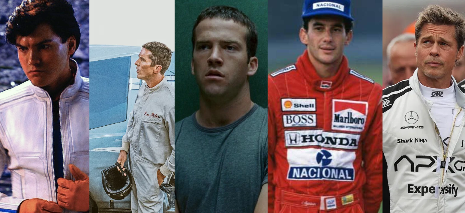 Filmes de carros lado a lado, Speed Racer (Emile Hirsch), Ken Miles (Christian Bale) em Ford vs Ferrari, Sean Boswell (Lucas Black) em Velozes & Furiosos: Desafio em Tóquio, Ayrton Senna no documentário Senna e Sonny Hayes (Brad Pitt) em F1