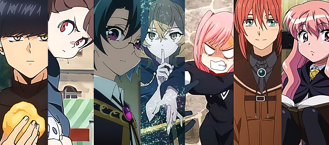 Sete protagonistas de animes de magia lado a lado: Mash Burnedead (Mashle), Akko Kagari (Little Witch Academia), Will Serfort (Wistoria: Wand and Sword), Monica Everett (Secrets of the Silent Witch), Spica Virgo (Black Cat and the Witch), Chise Hatori (The Ancient Magus' Bride) e Louise (Zero no Tsukaima).