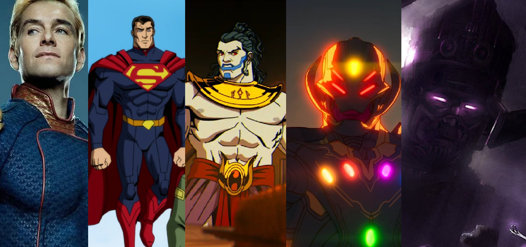 Capitão Pátria (Antony Starr) em The Boys, Superman (Justin Hartley) em Injustice, En Sabah Nur (Adetokumboh M’Cormack) em X-Men ‘97, Ultron (Ross Marquand) em E Se...? e Galactus (Ralph Ineson) em Quarteto Fantástico: Primeiros Passos