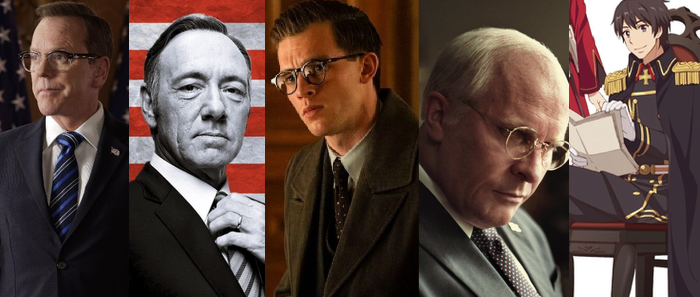 Montagem de uma lista de filmes e séries sobre política com Tom Kirkman (Kiefer Sutherland), Frank Underwood (Kevin Spacey), Hugh Legat (George MacKay), Dick Cheney (Christian Bale) e Kazuya Souma (Yūsuke Kobayashi) lado a lado
