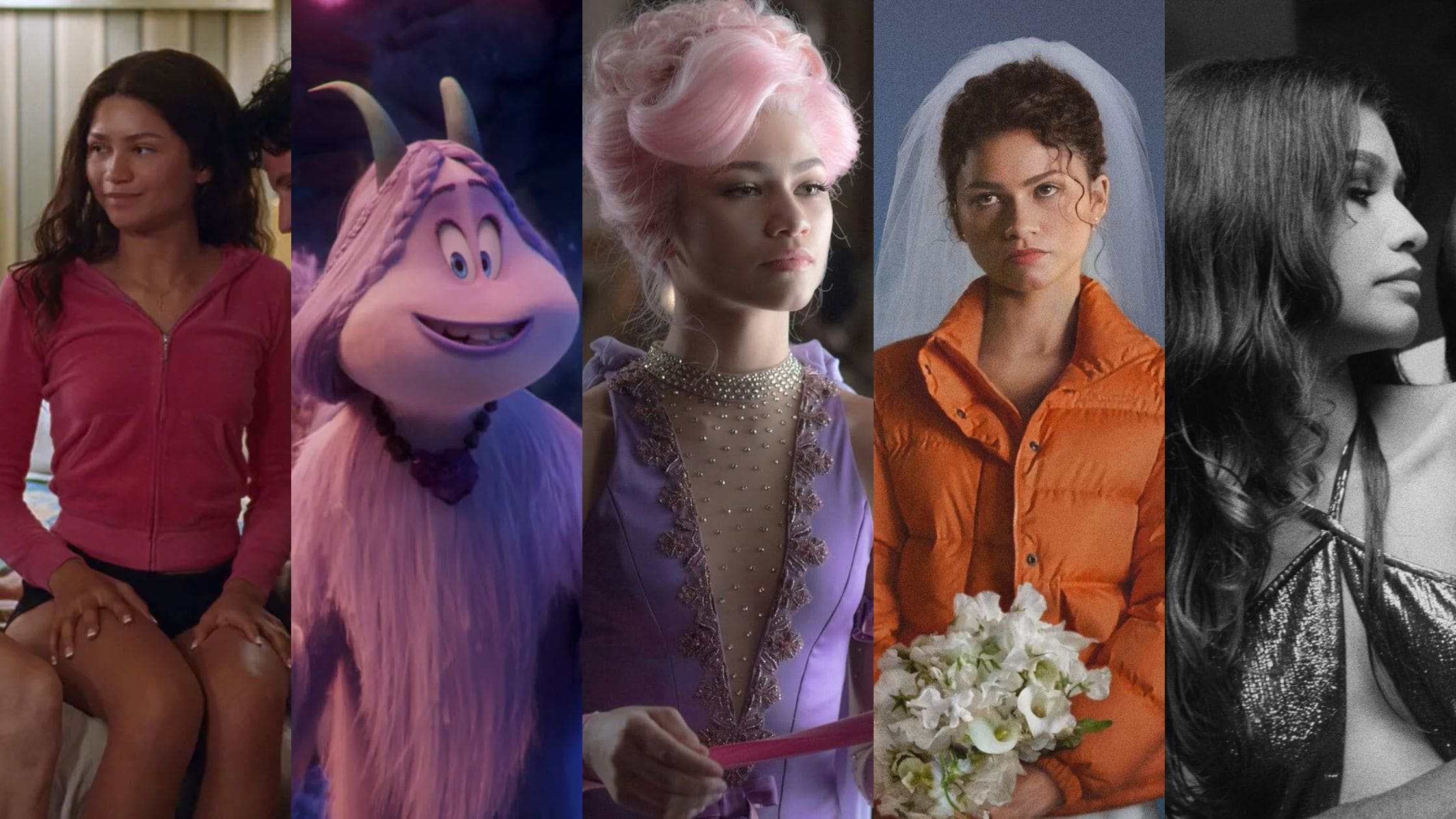 Montagem vertical com imagens das personagens que Zendaya interpreta nos filmes Rivais, Pé Pequeno, O Rei do Show, O Drama e Malcolm & Marie.